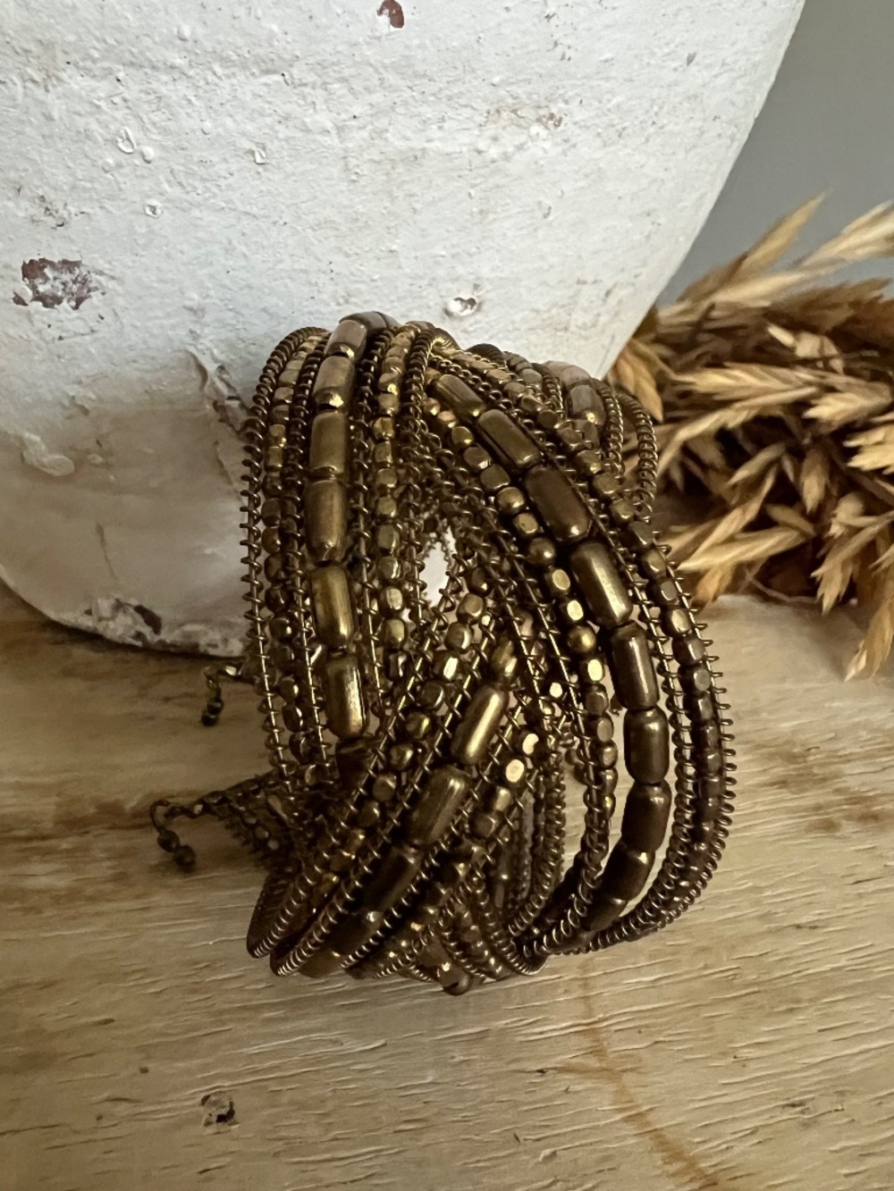 Dark Gold Beaded Woven Cuff Bracelet